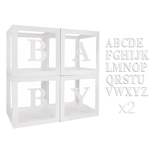 Image of Baby Shower Balloon Boxes, 4Pcs Baby Boxes with 52 Letters(2 sets of A-Z), Transparent Balloon Box for Boys Girls Baby Shower Decorations Neutral Gender Reveal Birthday Party, DIY Name Combination