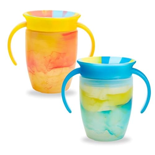 Image of Munchkin Miracle 360 6+ Month 7oz Baby Sippy Cups (2-Pack). Trainer Cup, Spill-Free, Dishwasher-Safe Baby Water Bottle with Easy-Grip Handles. (Blue/Yellow)