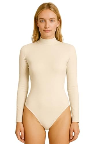 Image of STAR FASHION Womens Turtle Neck Bodysuit Long Sleeve Polo Neck Jersey Leotard Top Stretchy Viscose High Neck Swimsuit Style Cream-8-10