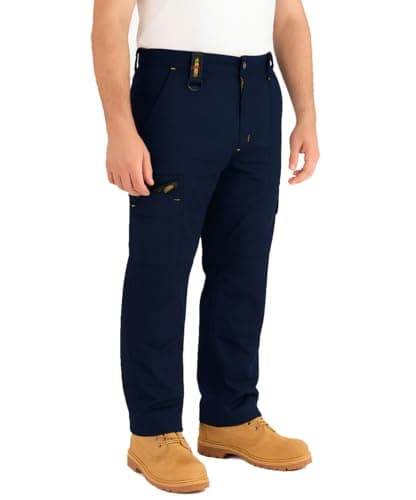 Image of IBEX TR5 Men’s Cargo Work Trousers with Knee Pad Pockets - Heavy Duty Pants with Multi-Pocket, Elastic Waist, Twin Belt Loops & YKK Zip - Durable Workwear Combat Trousers, Navy, 38W X 31L Regular