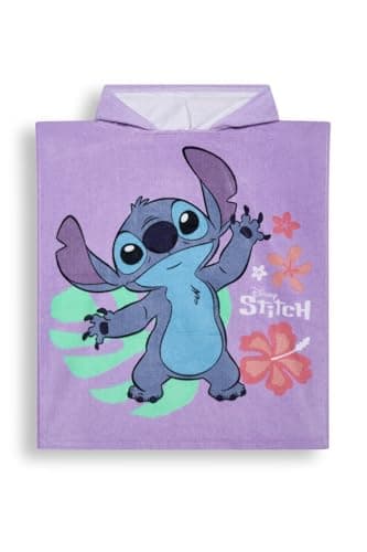 Image of Disney Lilo And Stitch Girls Poncho Towel - Hooded Poncho For Kids Cotton Towelling, Slip On Beach And Pool Cover Up, Purple Holiday Ready Stitch Graphic, Kids Bath Poncho