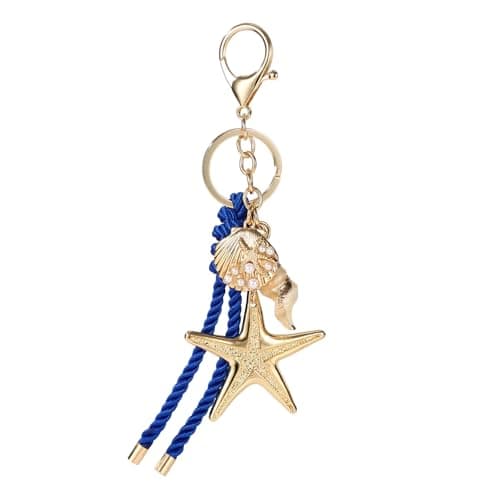 Image of Sinbana Starfish and Shell Keychain, 6.3x2.36in Alloy Sea Bag Charm with Blue Braided Rope Starfish Shell and Conch Keyring Key Chain Ring for Summer Beach Wallet Backpack Ornament