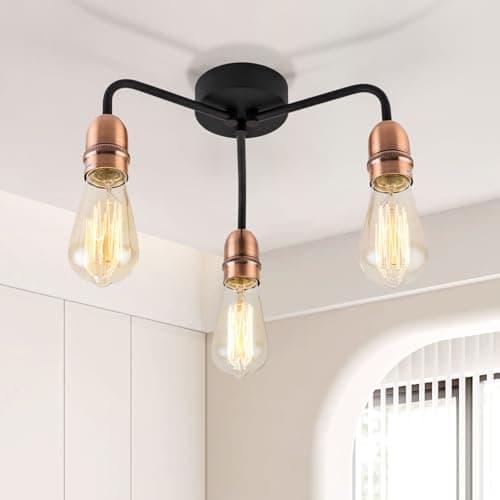 Image of HARPER LIVING 3-Light Chandeliers Ceiling Lights, E27/ES Semi Flush Ceiling Lights Black with Copper Finish, 3x40W Vintage Ceiling Lamp for Living Room Bedroom Kitchen Hallway