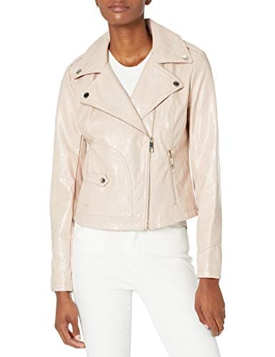 Image of GUESS Women's Faux Leather Moto Jacket with Snake Embossed Print, Blush, Large