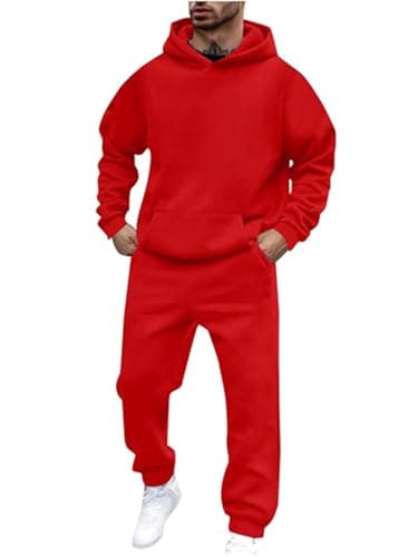 Image of Tracksuit Mens Full Set Hooded Sweatshirt and Sweatpants Set Hoodie Joggers Sets 2 Piece Plain Tracksuit UK Jogging Bottoms Track Suits Outfits Sweatsuits Red L