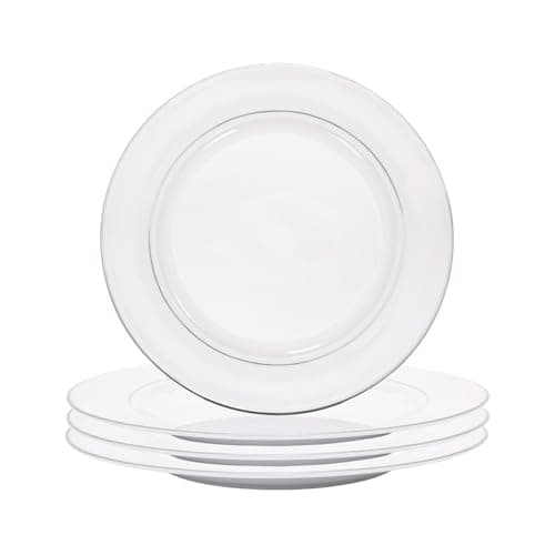 Image of Happy Homewares Set of 4 Premium Durable White Gloss Ceramic Side Plates with Elegant Dual Shiny Silver Metallic Rims - Dishwasher Safe