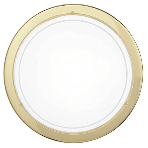 Image of Polished Brass Metal Trim & White Glass Shade Round Flush Ceiling & Wall Light | 29cm Diameter | 1 x ES E27 Lamp Required | UK Approved | Low Profile Height