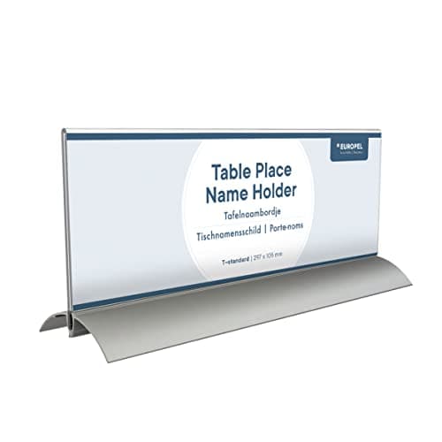 Image of Europel Table Place Name Holder, 105 x 297 mm, Clear Acrylic Construction, Double Sided Sign Holder, Name Display for Conferences, Meetings, Receptions, Free-Standing Design with Aluminium Base
