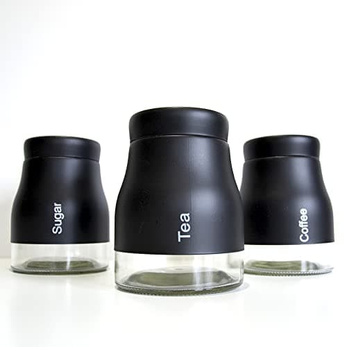 Image of JJA Kitchen Storage Canister Set of 3 Pcs, Tea, Coffee and Sugar, Glass Jar with Screw Lid, Kitchenware for Avid Tea & Coffee Drinkers (BLACK)