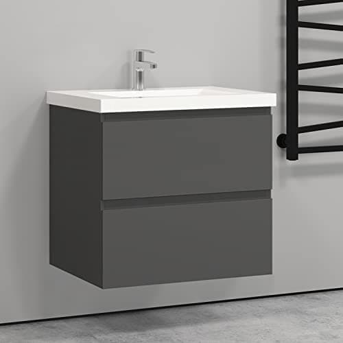 Image of Biubiubath 600mm Wall Hung Basin Vanity Unit Grey 2 Soft Close Drawers 1 Tap Hole Sink Bathroom Toilet Storage Funiture