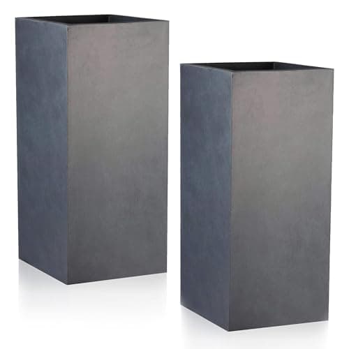 Image of IDEALIST Set of 2 Small 50cm Tall Garden Planters with Drainage Holes | Dark Grey Reinforced Stone Tall Square Planter L21 W21 H50.5 cm, 11 litres