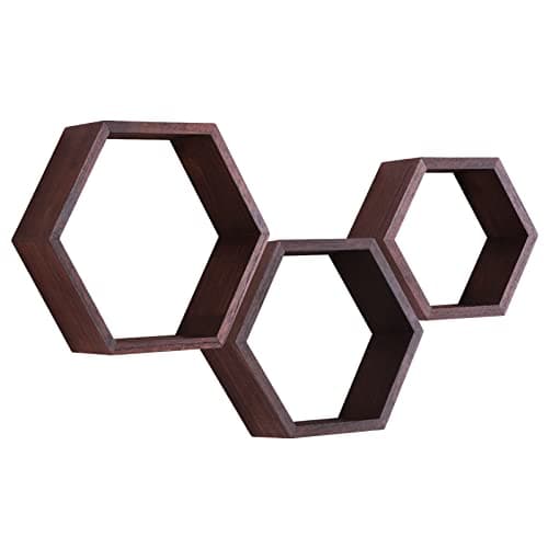 Image of PHOENANCEE Hexagon Floating Shelves, Wooden Wall Mounted Hexagonal Shelf, Solid Wood Decorative Hanging Shelf for Bedoom, Living Room, Office, Home Decor, Set of 3(Dark Walnut)