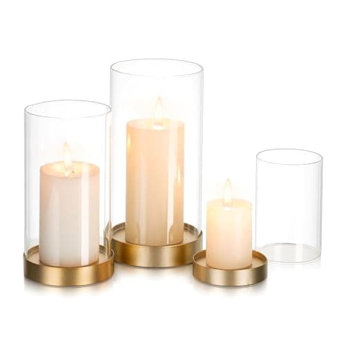 Image of Glasseam Hurricane Candle Holder Glass: Set of 3 Gold Candle Holders for Pillar Candles Metal Candle Holder with Glass Cylinder Pillar Candle Holders for Living Room Table Centrepiece Wedding