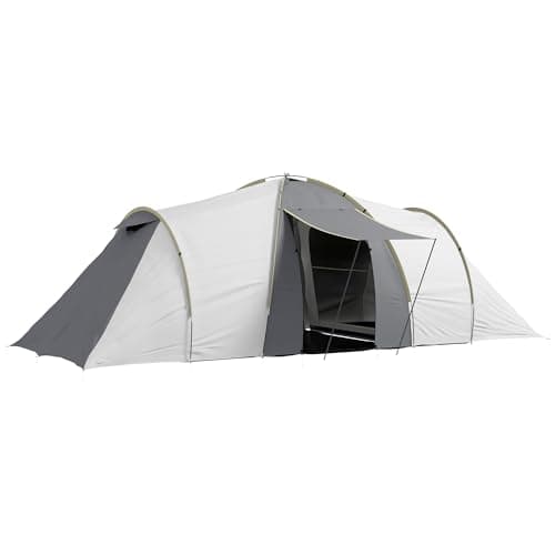 Image of Outsunny 4-6 Man Tunnel Tent with 2 Bedroom, Living Area and Vestibule, Large Camping Tent with Groundsheet, 2000mm Waterproof, UV50+, Portable Bag, for Fishing Hiking Festival, Grey and Yellow