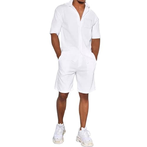 Image of amropi Men's Summer Tracksuit Short Sleeve Button Shirt Top and Shorts Sports Outfit Set White, M