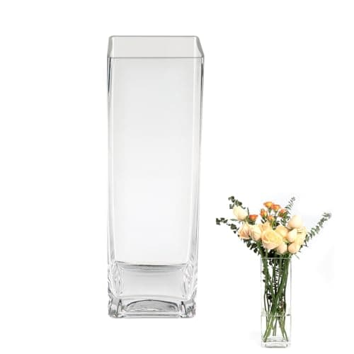Image of ASSRECT Glass Vases 30cm Tall Clear Square Flower Vase Handmade Modern Floral Arrangement Ornament Modern Ornaments for Wedding Party Home Office Decor Table Decoration