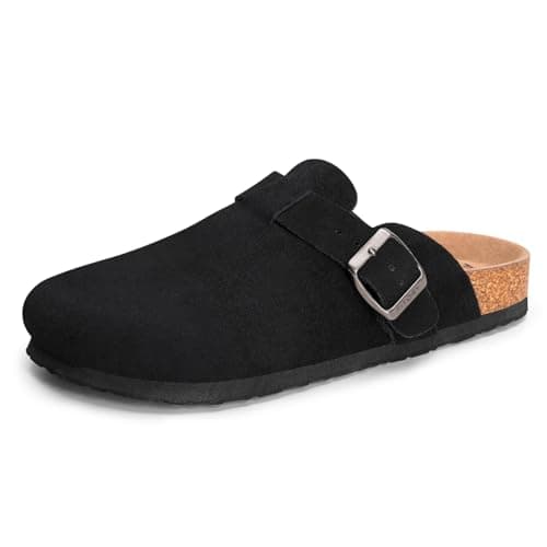 Image of FITORY Mens Suede Clogs with Arch Support，Leather Cork Footed Mules Pure Black Size 10.5