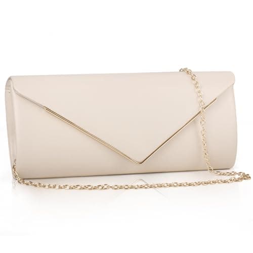 Image of Larcenciel Women's Clutches, Leather Nude Clutch Bag w/Detachable Chain, Elegant Envelope Prom Handbag for Women, Minimalist Cream Beige Crossbody Shoulder Bag for Party, Prom, Wedding, Dinner, Club