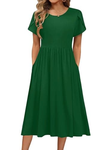 Image of HOTOUCH Dress Women Elegant Round Neck Casual Short Sleeve Dresses A Line Midi Dresses Lightweight Solid Color Beach Dress Green S