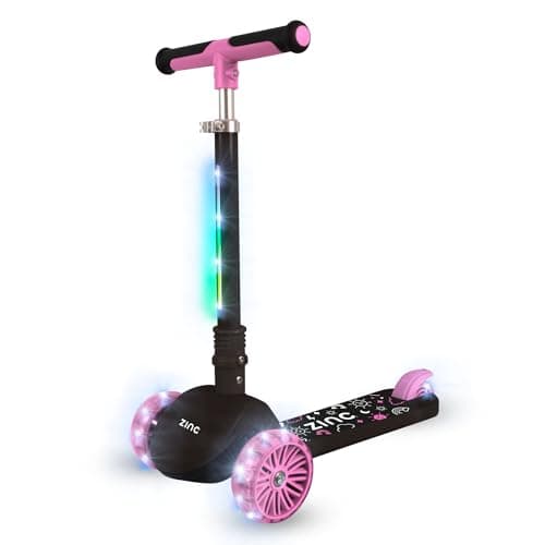 Image of Zinc T-Motion Shine Kids Scooter for Ages 3+ – Three Wheeled Folding Boys & Girls Scooter with LED Light Up Deck & Wheels, Adjustable Handlebar, Lean & Steer Controls, Rear Brake, Black & Pink