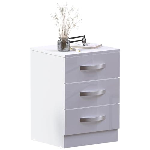 Image of Vida Designs High Gloss 3 Drawer Bedside Rectangular Nightstand Cabinet, White, 36 cm D x 40 cm W x 56 cm H