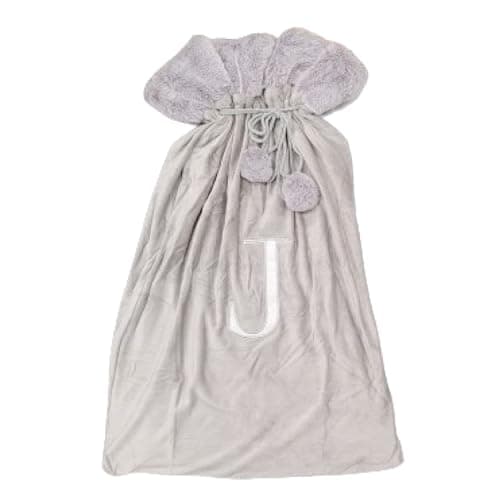 Image of Celebright Christmas Sack with Embroidered Letter 'J' - Festive Holiday Décor for a Memorable Celebration - Faux Fur - Grey