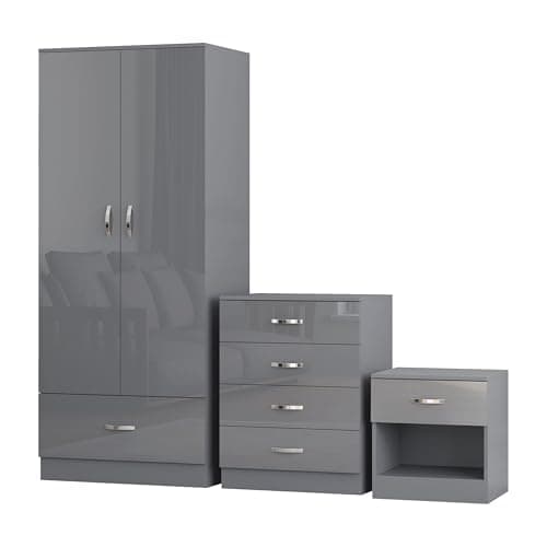 Image of Nera Gloss Grey 3 Piece Bedroom Furniture Set 2 Door Wardrobe with Drawer Chest of Drawers & Bedside Table Bedroom Set