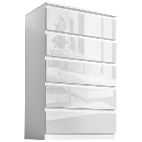 Image of High Gloss White Chest of Drawers, 5 Drawer Bedroom Chest of Drawers MDF Chest of Draws Tall Dresser Bedside Table Storage Cabinet for Bedroom Living Room Office Hallway Furniture, 70W x 40D x 112H cm