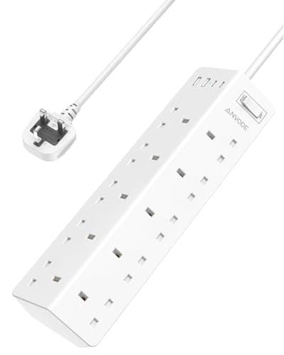 Image of 10 Way Extension Lead with USB Ports(2 USB C), ANVODE Multi Plug Power Strip with Switch, Plug Extension Socket for Home Office Dorm, 2M Extension Cord, White