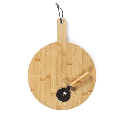 Image of Salter 12” Bamboo Pizza Board & Cutter Set - FSC® Certified, Round Pizza Board with Handle and Stainless Steel Cutter, Integrated Slice Grooves, Reversible Design
