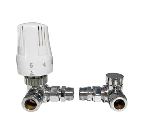 Image of Corner Angled Thermostatic Radiator Valve with Lockshield Valve TRV Chrome White 15mm Pack Set