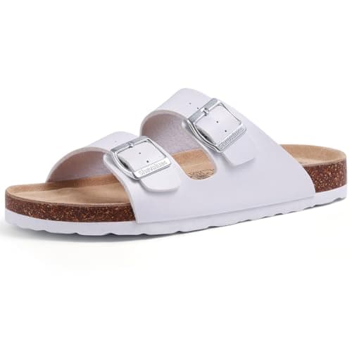 Image of shevalues Women’s Cork Footbed Slide Sandal, Arch Support Summer Outdoor Sandals Mules with Adjustable Buckle White