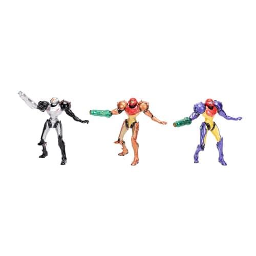 Image of Nintendo Metroid Prime Samus Figurine 6.3cm Collector's 3-Pack, Officially Licensed by Jakks Pacific, Includes Varia, Phazon and Gravity Suit, Detailed Designs, Collector's Packaging