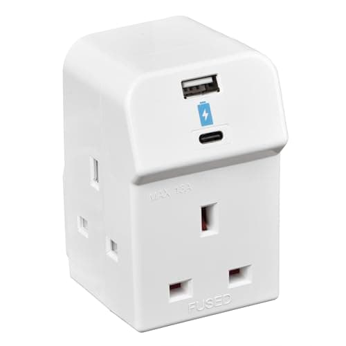 Image of Masterplug Three Socket Fused Wall Plug Adaptor with USB A & C Charging Ports, White, 13A, 10.5W, 3G, A3UAC10