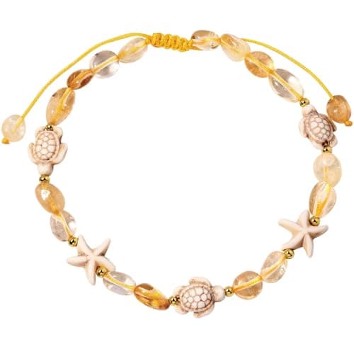 Image of Wizock Boho Turtle Starfish Ankle Bracelets for Women Tumbled Crystals Beaded Anklet Summer Hawaii Beach Adjustable Party Foot Jewelry (Citrine)