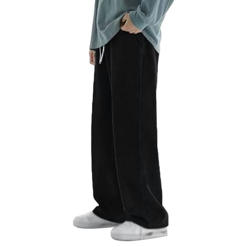 Image of Straight Leg Mens Jeans Stylish & Classic Casual Denim Trousers Wide Leg Loose Fit Comfortable Hard Wearing Jeans Vintage Plain Denim Pants with Drawstring Pockets