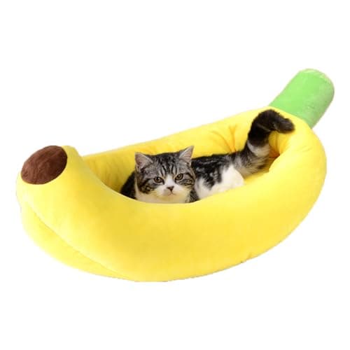 Image of Cute Banana Cat House - Indoor Soft Warm Cuddle Bed for Dogs and Cats - Cozy Sleeping Kitty Nest With Removable Cushion - Washable Pet Cave for Small Dogs