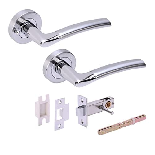 Image of Hunta HANDLEZONE® Neemo Privacy Lever On Round Rose Door Handles, with Privacy Latch, for Bathroom, Toilet, WC Doors, 1 Set - Dual Finish Polished/Satin Chrome