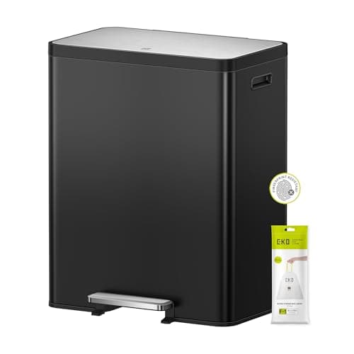 Image of EKO Ecocasa II Waste & Recycling Double Bin 30L + 30L, Fingerprint-Resistant Dual Kitchen Pedal Bin, Large 60L with Built-In Deodoriser, Matt Black Brushed Stainless Steel