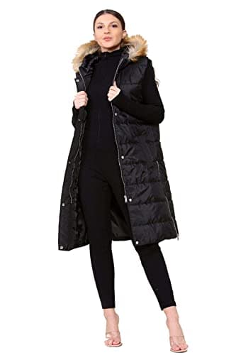 Image of WOMENS FUR HOODED LONG PUFFER BLACK GILET JACKET PADDED TOP BODY WARMER 10-20 (as8, alpha, l, regular, regular, Black)