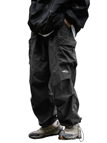 Image of Mens's Baggy Cargo Pants Casual Parachute Pants Loose Fit Hip Hop Harme Lightweight Water Resistant Pants with Pockets, Black, Large