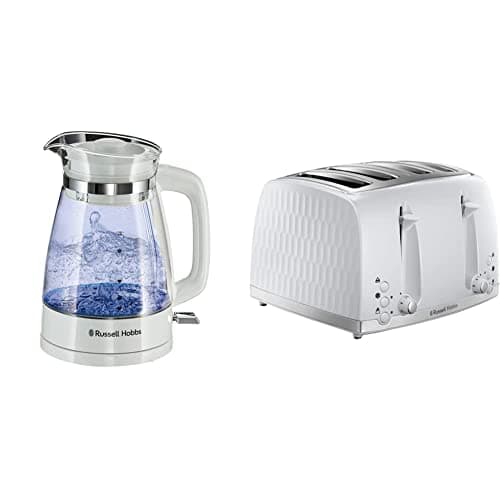 Image of Russell Hobbs 26081 Classic Glass Kettle White & 26070 4 Slice Toaster - Contemporary Honeycomb Design with Extra Wide Slots and High Lift Feature, White