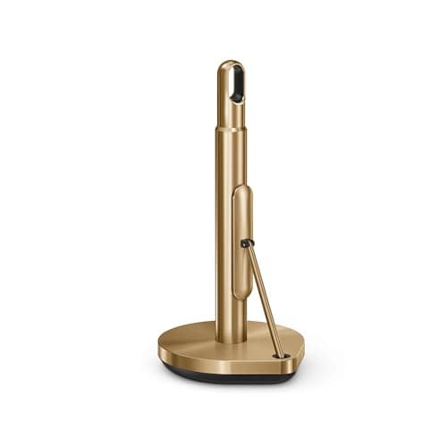 Image of simplehuman Tension Arm Standing Paper Towel Holder, Heavy-Duty, Easy One-Handed Tear, Countertop Kitchen Paper Towel Dispenser, Brass Stainless Steel