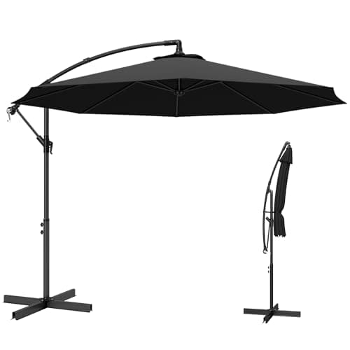 Image of Outsunny 3(m) Garden Cantilever Parasol Patio Banana Hanging Umbrella Sun Shade with Crank and Tilt, 8 Ribs and Cross Base, Black