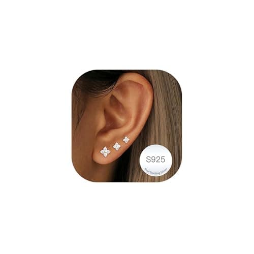 Image of DORANA 3 Pairs 925 Sterling Silver Stud Earrings for Women Hypoallergenic Silver Studs Earrings Dainty Small Cubic Zirconia Stud Earring Cute Earring Set for Multiple Piercings