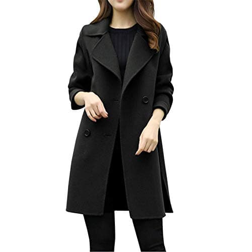 Image of Boucle Jacket Black Trench Coat Womens Turndown Collar-Lapel Overcoat Slim Fit Double-Breasted Windbreaker Petite Trench Coat Women Long Sleeve Coats Casual Jackets for Women Smart Jackets for Women