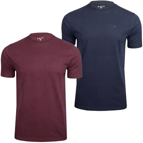 Image of Xact Men's T Shirts 2 Pack Premium 200GSM Cotton Crew Neck Short Sleeve Slim Fit Plain Multipack Tees Soft Peached Casual Basics (2-Pack - Winetasting/Sky Captain Navy) L