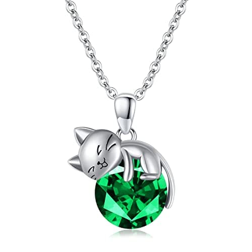 Image of SLIACETE 925 Sterling Silver Cat Birthstone Necklace for Women Girls - Cute Kitten Holding Pendant - Jewelry Gifts for Cat Lovers, May Birthstone