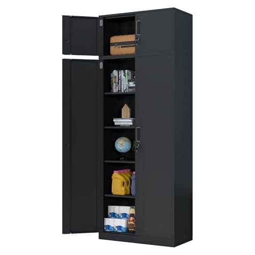 Image of iJINGUR Metal Storage Cupboard with Locking Doors and 4 Adjustable Shelves, Extra Tall Lockable Steel Storage Cabinets for Home Office Garage Kitchen Pantry (Black)