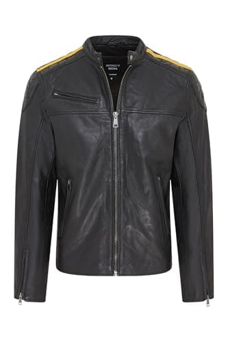 Image of Men’s Classic Black Quilted Leather Biker Jacket – Yellow Striped Moto Racing Style | Genuine Lamb Leather Motorcycle Jacket with Quilted Shoulders & Cotton Lining